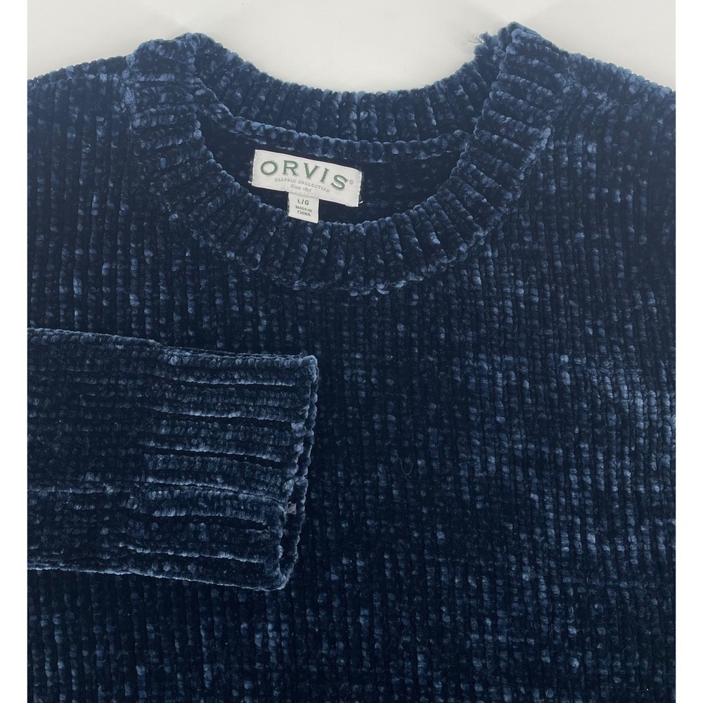 Orvis Chenille Sweater Women L Navy Blue Crew Neck Long Sleeve Ribbed Knit Plush